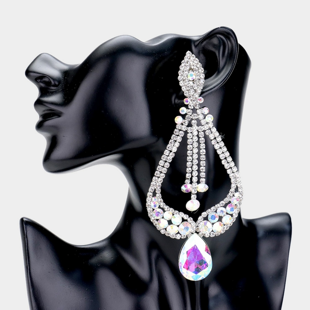 Abalone Crystal Clip On Oversized Dangle Earrings